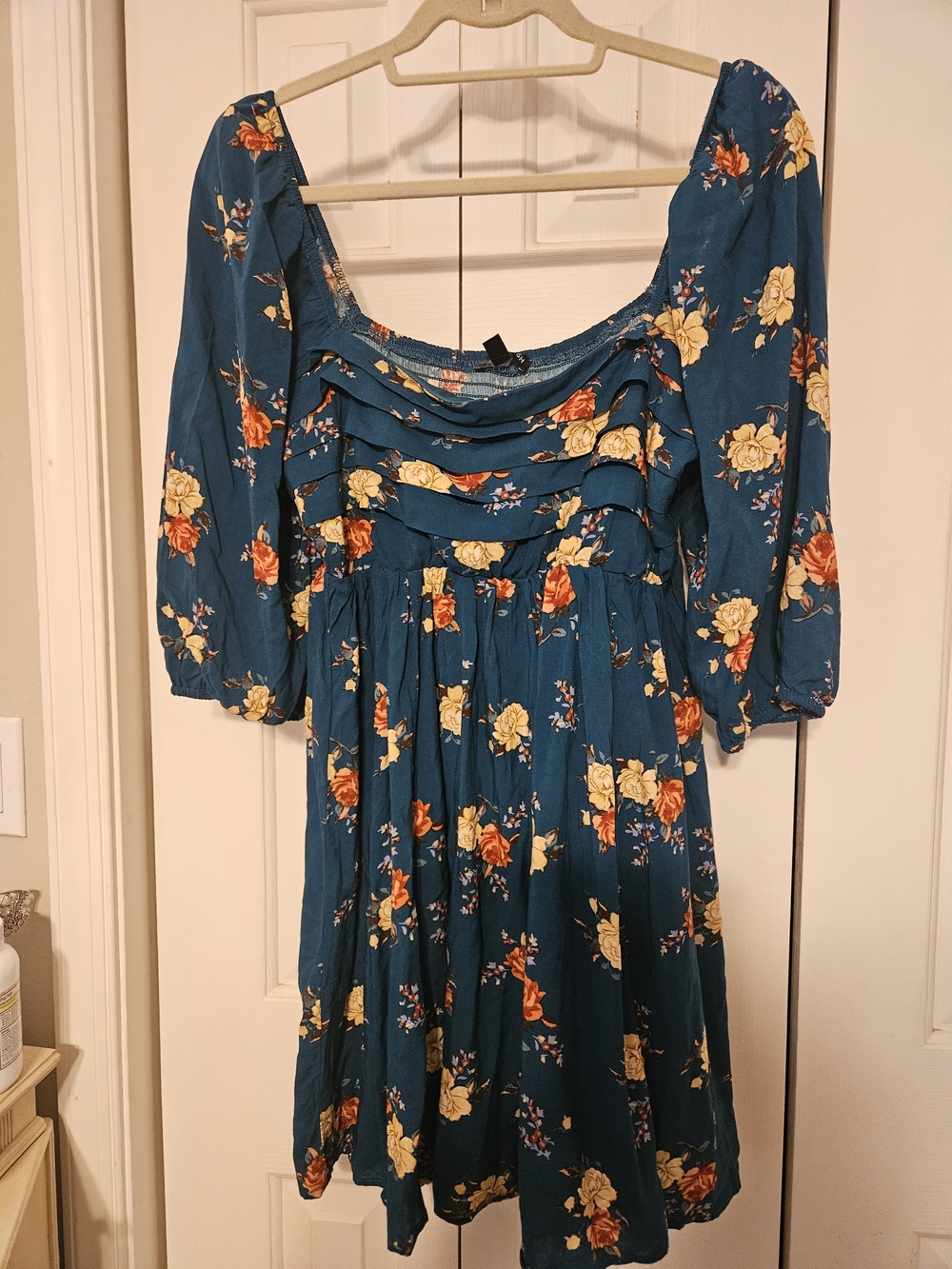AS U Wish L Teal Floral Boho Peasant Dress Puff Sleeve